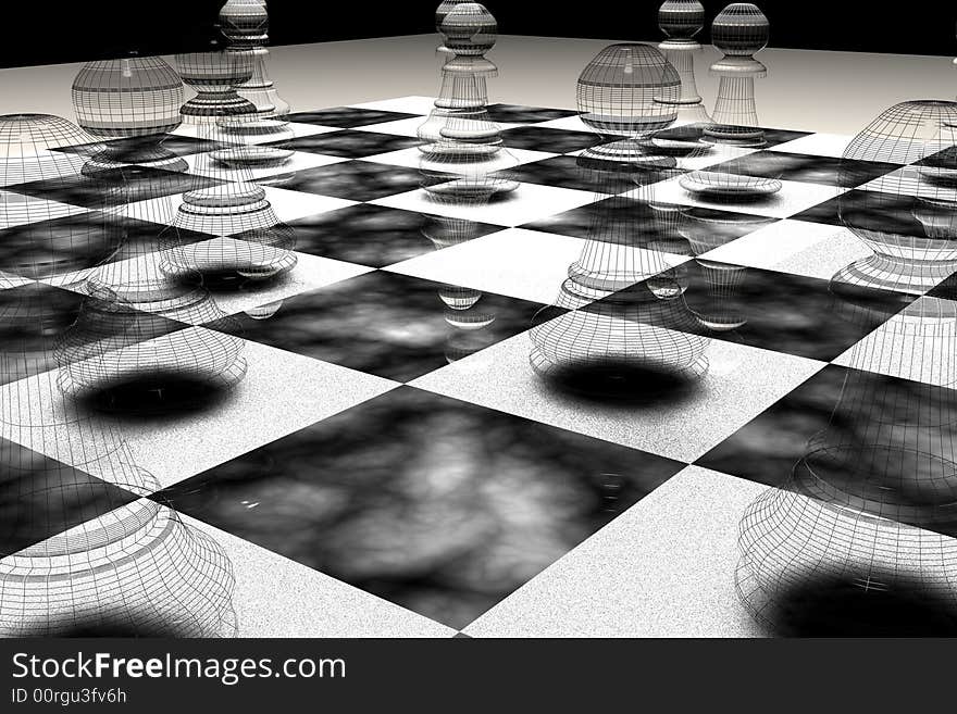 A wireframe chess set with pawns