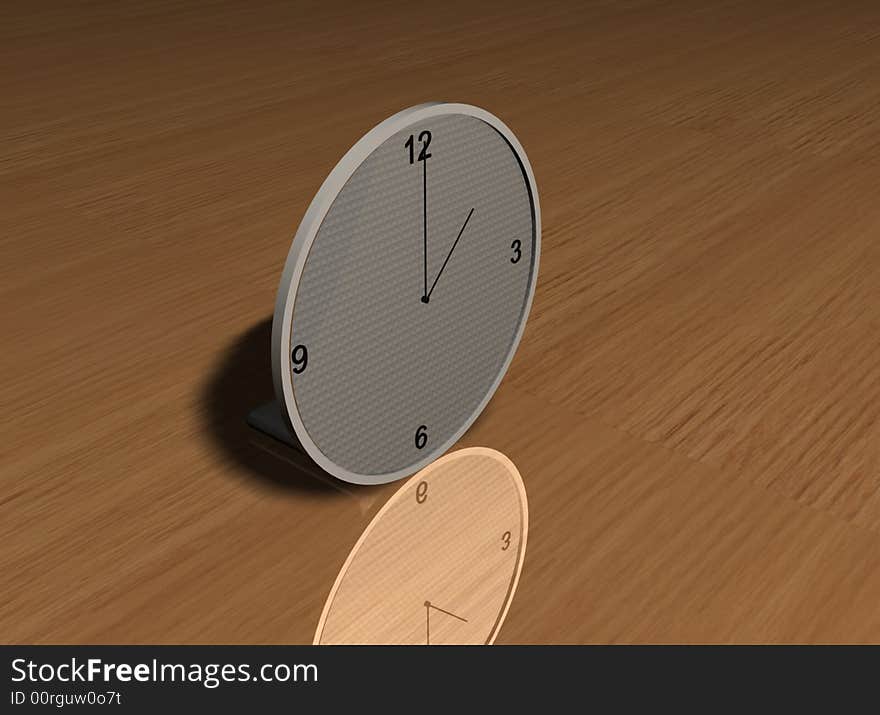 A white clock on a wooden table