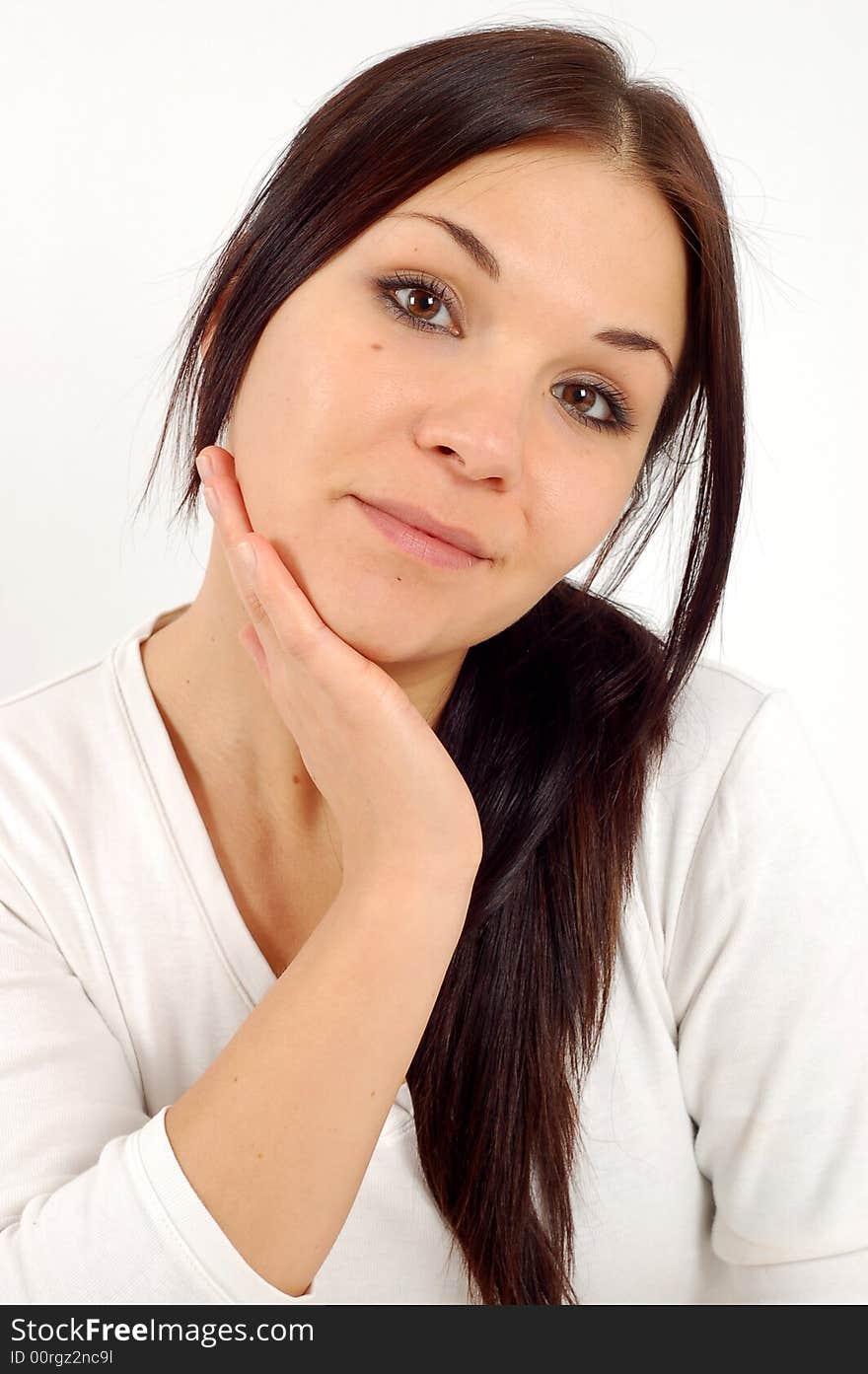 Attractive brunette woman on white background. Attractive brunette woman on white background