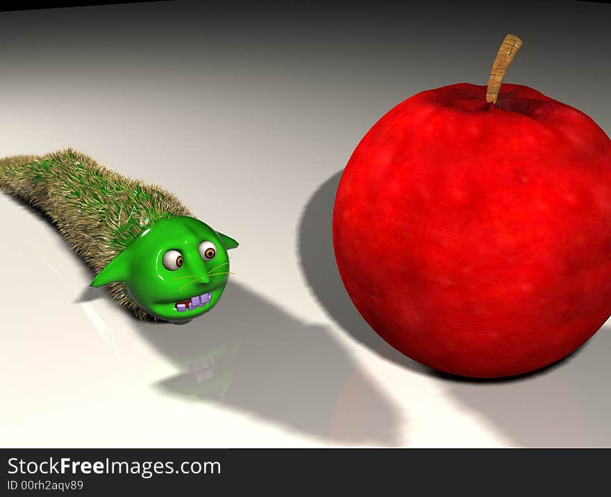 A happy alien worm and his apple. A happy alien worm and his apple