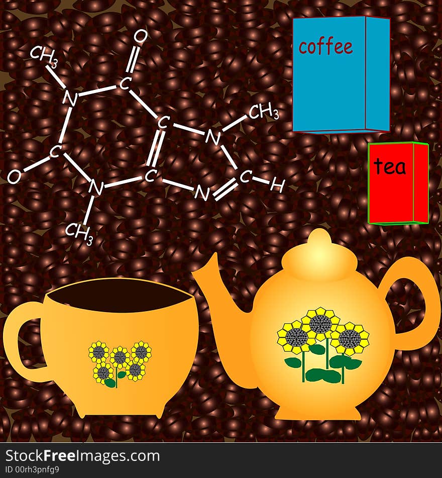 Vector coffee related illustration with cup, formula, tea