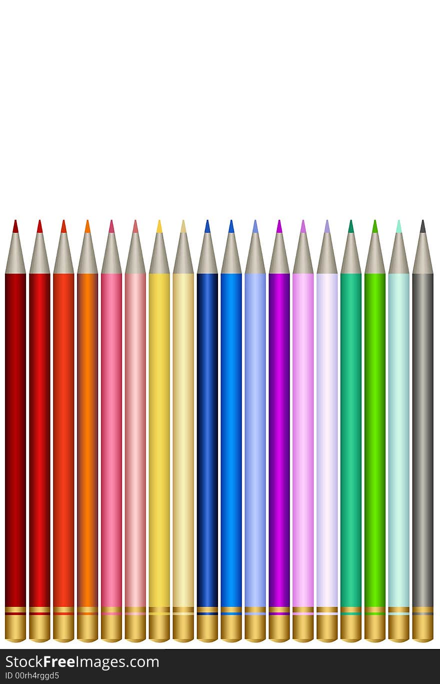 Assortment of colored pencils over white background