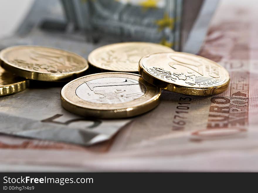 Macro of Euro coins and notes shallow depth of field. Macro of Euro coins and notes shallow depth of field