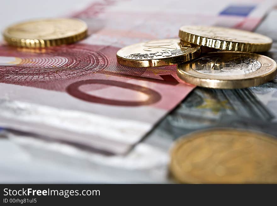 Macro of Euro coins and notes shallow depth of field. Macro of Euro coins and notes shallow depth of field