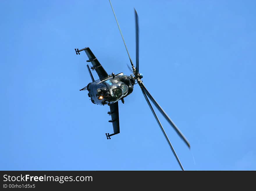 A Mi-24 Hind making a sharp left turn. A Mi-24 Hind making a sharp left turn