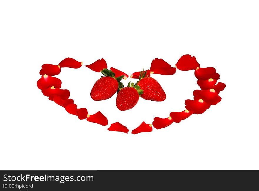 Heart from petals of a rose with a strawberry on a white background