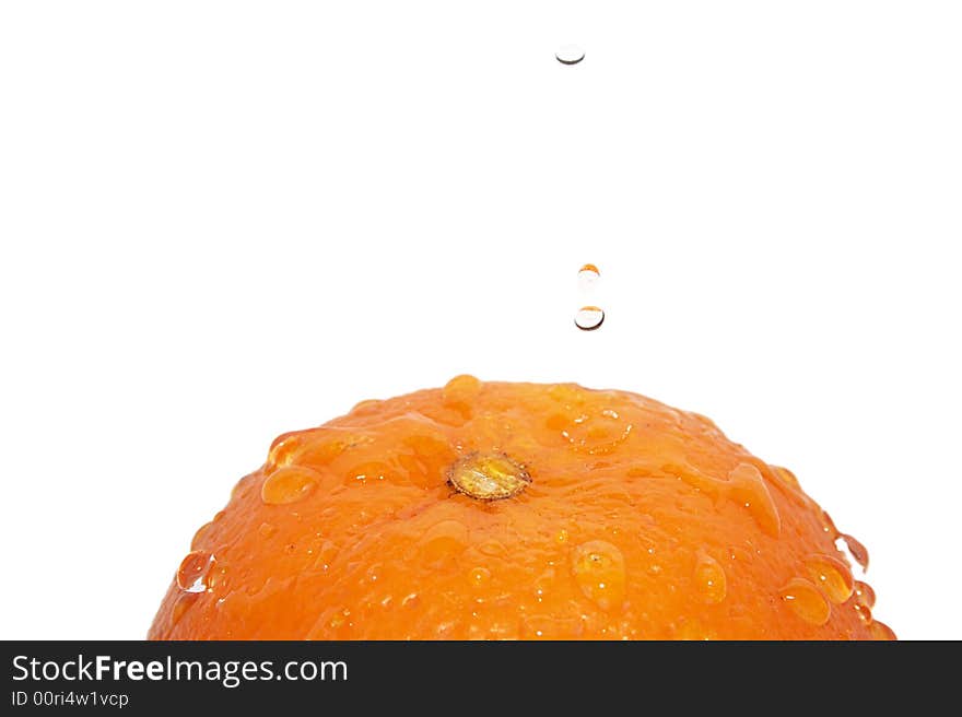 Orange with water drops falling. All is on white background, isolated. Orange with water drops falling. All is on white background, isolated.