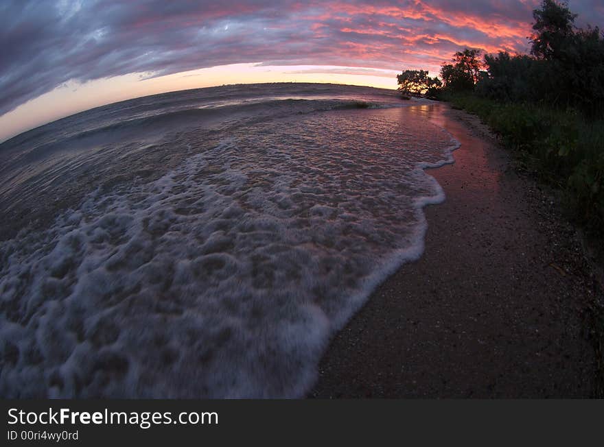 Sea sunset fisheye view