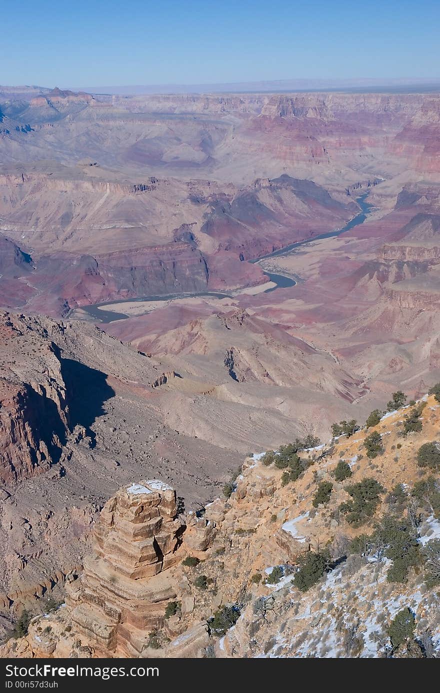 View of the Grand Canyon from one of the lookout points in Grand Canyon Village,  South Rim. Grand Canyon National Park, Arizona, United States.