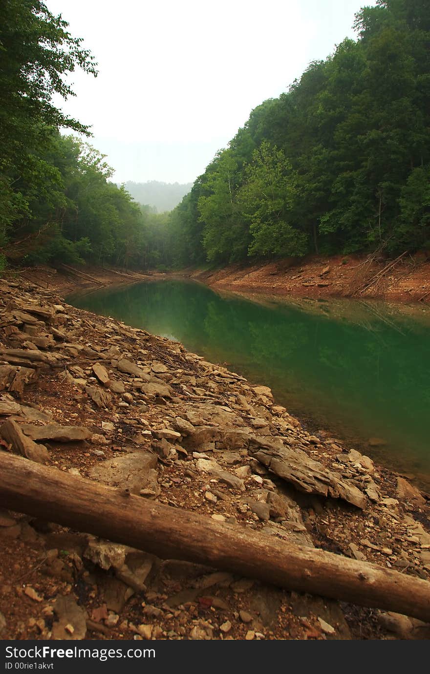 A river by an embankment in the woods. A river by an embankment in the woods.