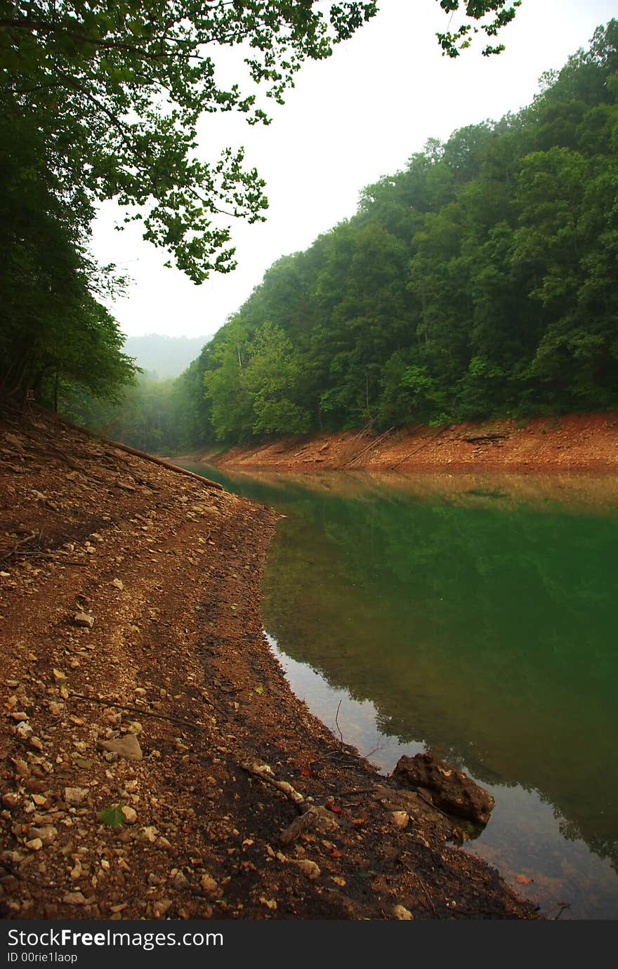 A river by an embankment in the woods. A river by an embankment in the woods.