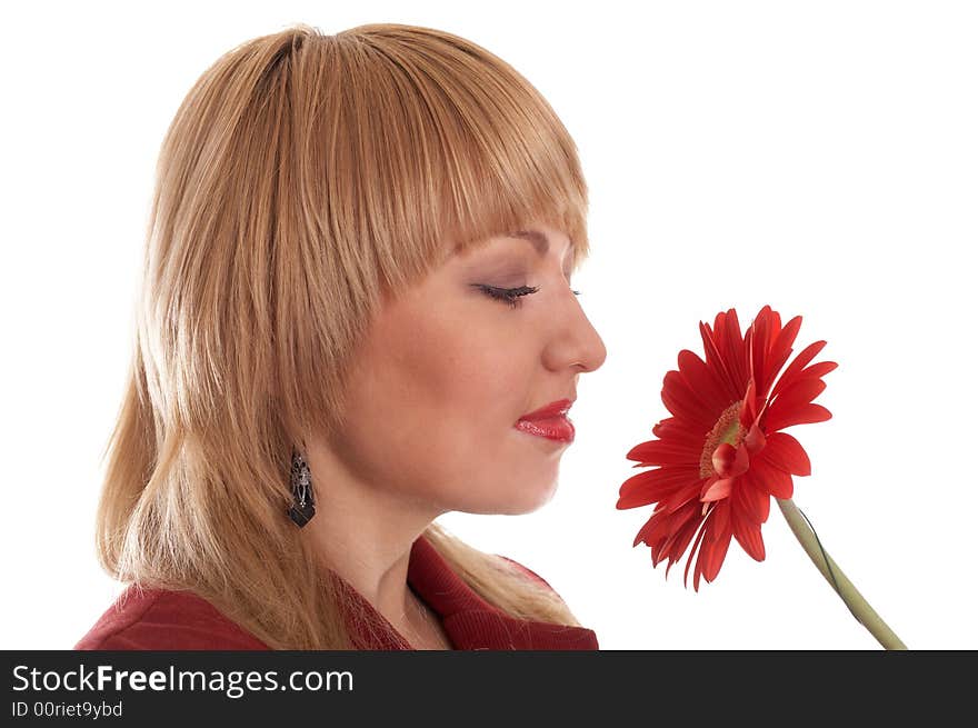 Girl in red with red flowers