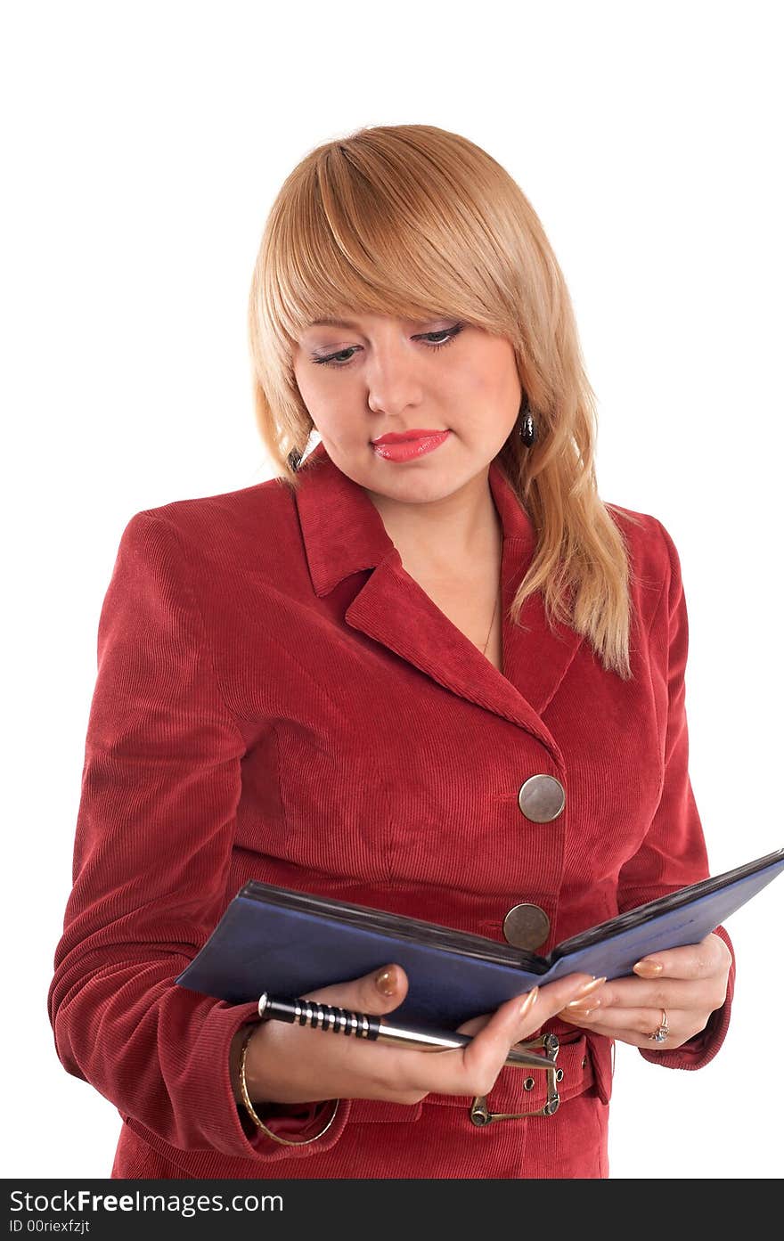 An image of reading nice woman in red suit