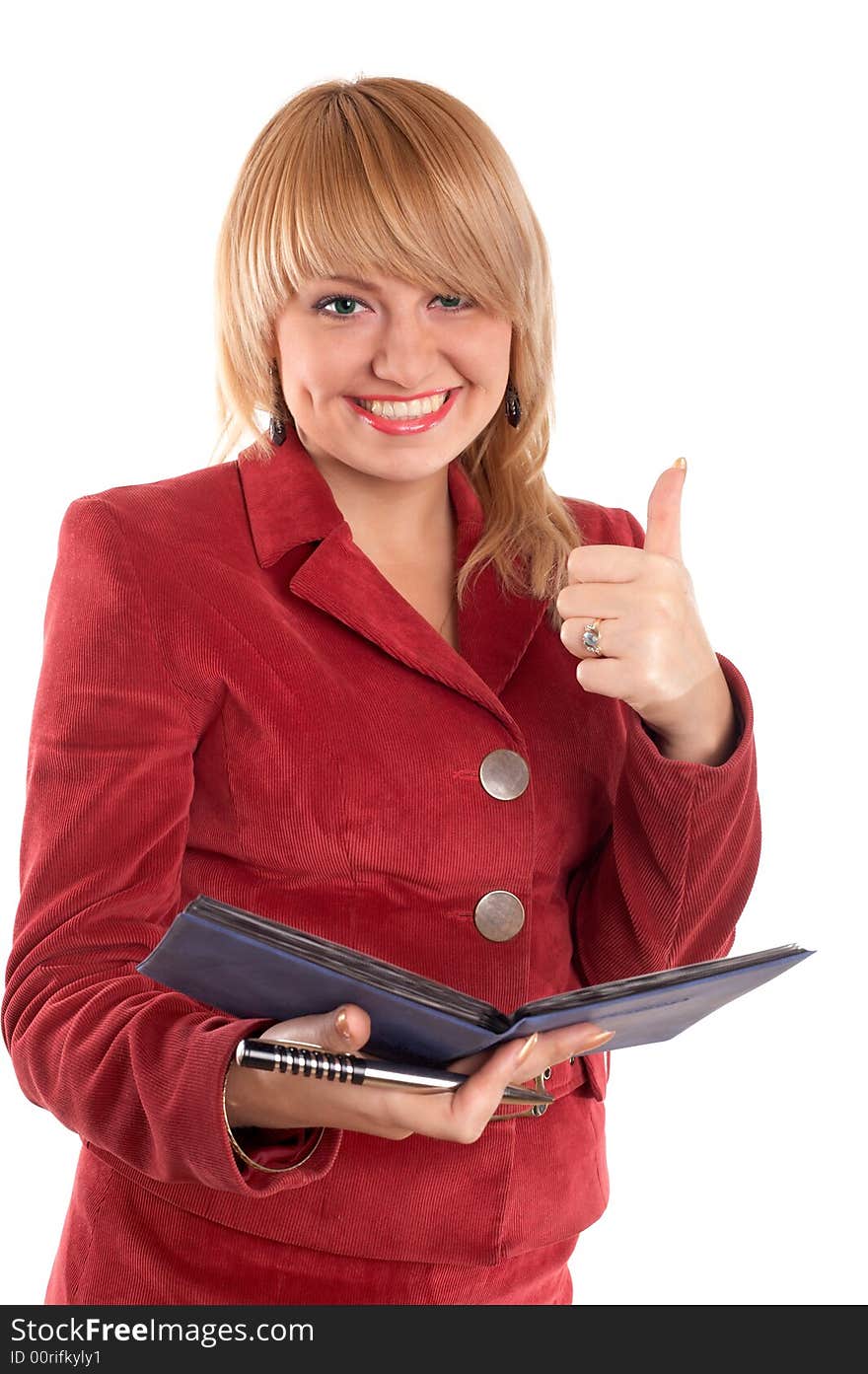 An image of a woman in red suit. An image of a woman in red suit