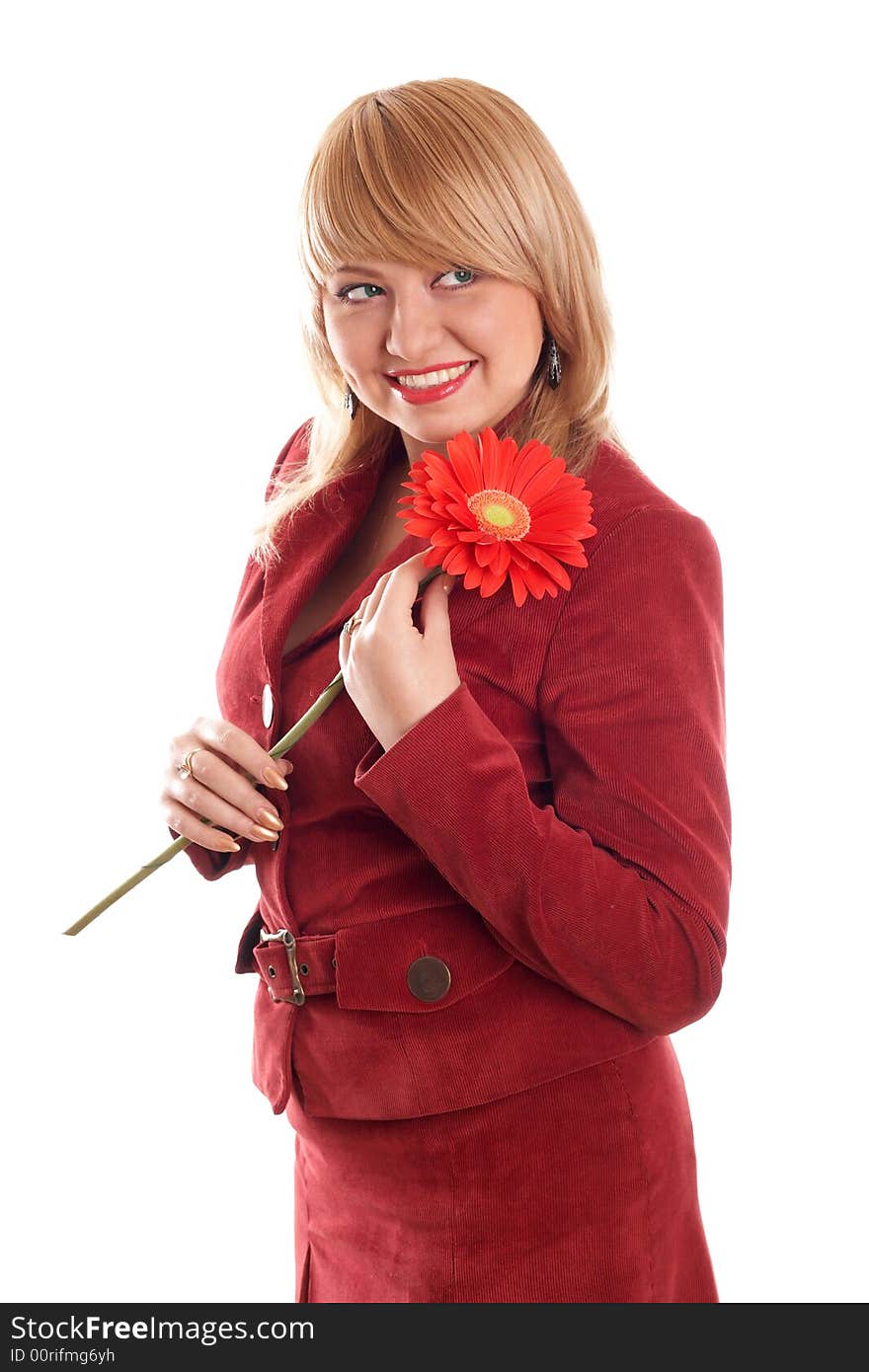 Smiling Girl In Red With Red Flowers