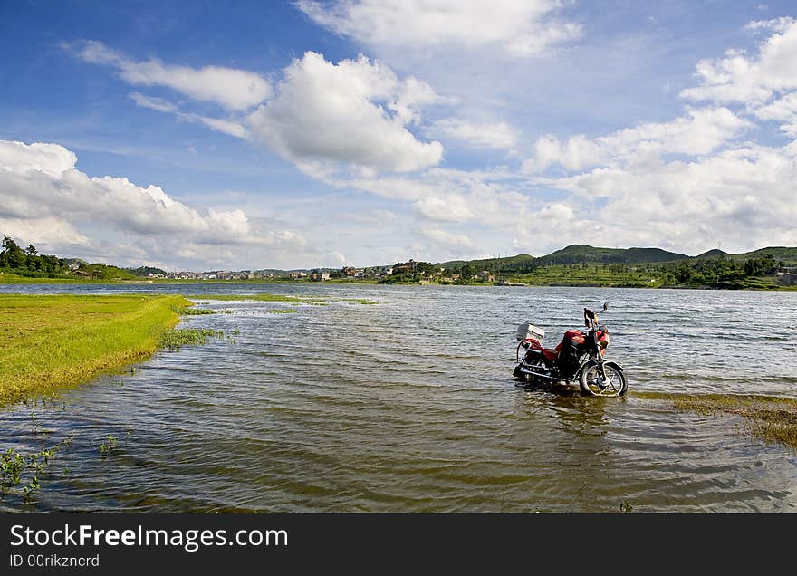 Blue sky、Lake Aha & motorcycle in the smmer. Blue sky、Lake Aha & motorcycle in the smmer