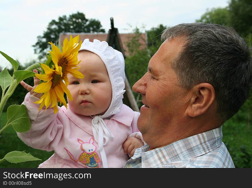 Grandfather and granddaughter enjoying the sunflower