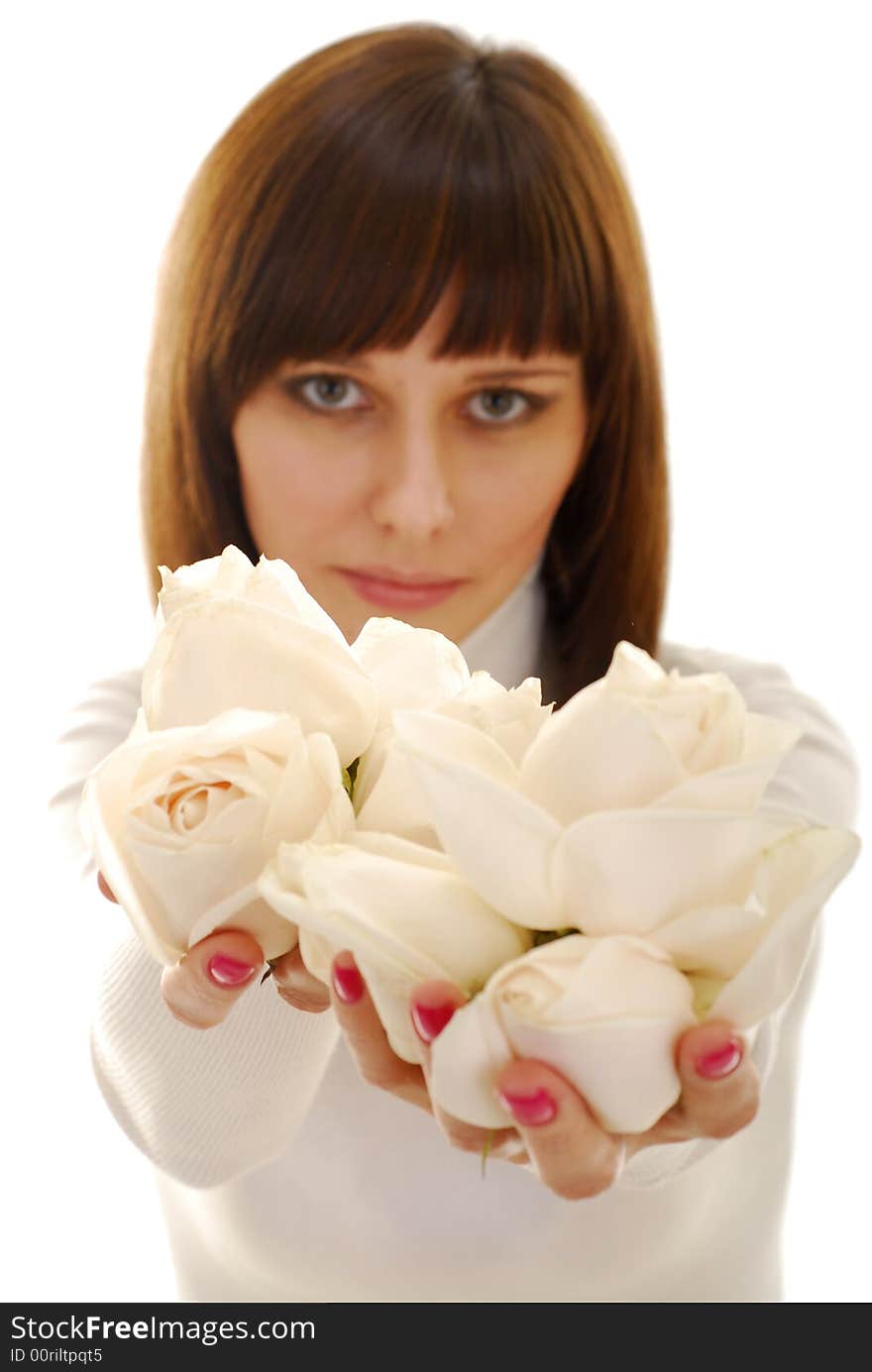 Pretty woman in white dress with white roses. Pretty woman in white dress with white roses