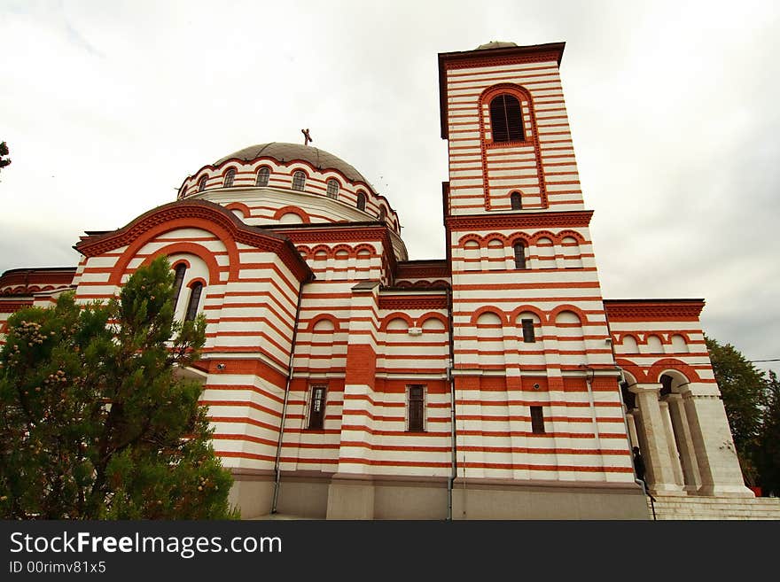 Red brick Orthodox church, wide angle