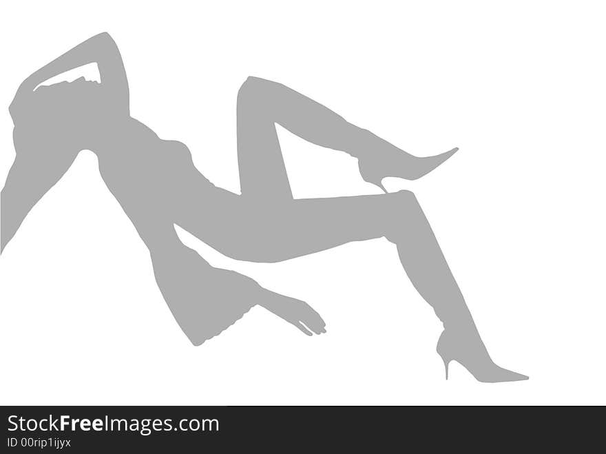 An abstract illustration. A silhouette of the girl in an elegant beautiful pensive pose. The light grey image on a white background.