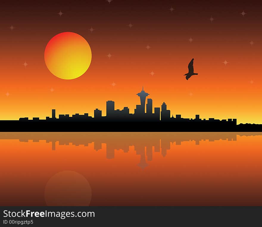 Panoramic view of a city over sunset background. Panoramic view of a city over sunset background