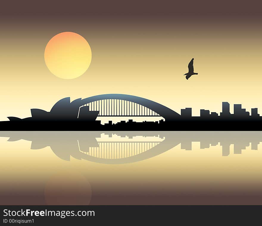 Panoramic view of a city over sunset background. Panoramic view of a city over sunset background