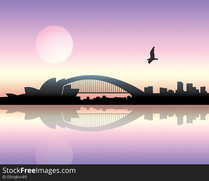 Panoramic view of a city over sunset background. Panoramic view of a city over sunset background