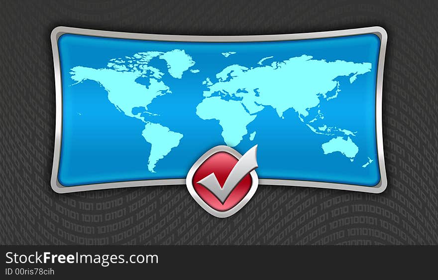 Blue world map with metal border over digital background