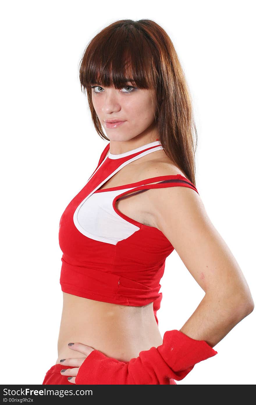 The young girl in sports red clothes. The young girl in sports red clothes