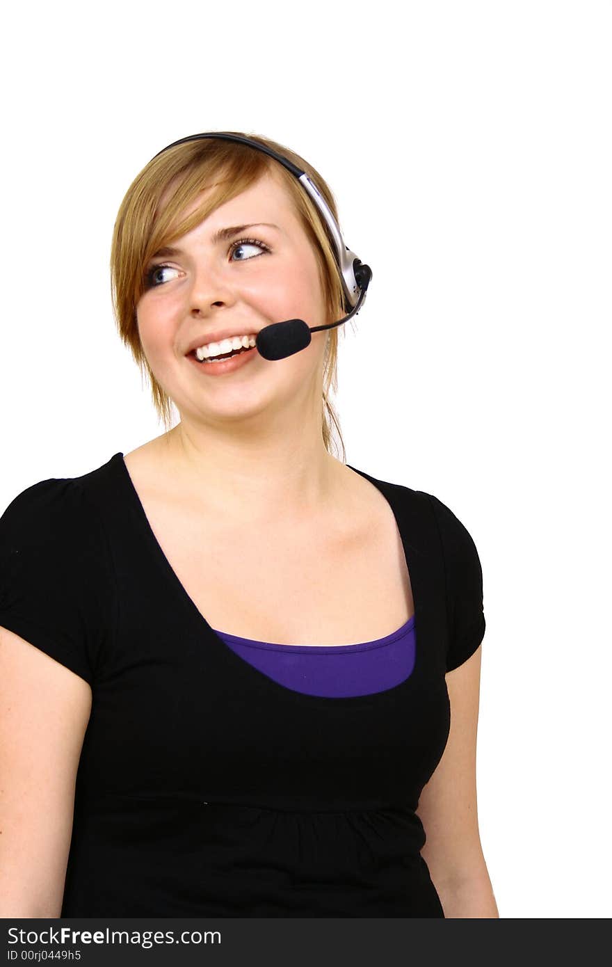 Portrait of beautiful smiling telephone operator with headset. Portrait of beautiful smiling telephone operator with headset