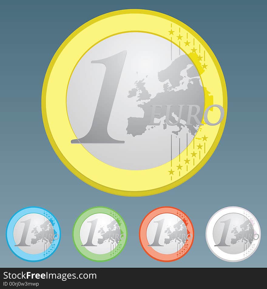 Vector illustration of an Euro coin of one Euro. Highly detailed with samples in different colors. Vector illustration of an Euro coin of one Euro. Highly detailed with samples in different colors.