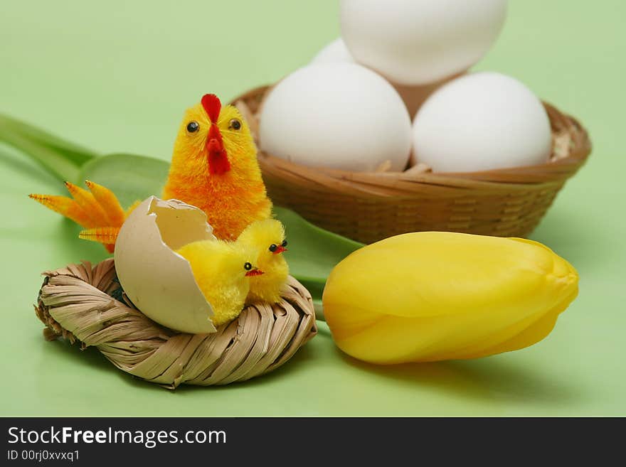 Easter motive.Hen and her chicks on easter background.