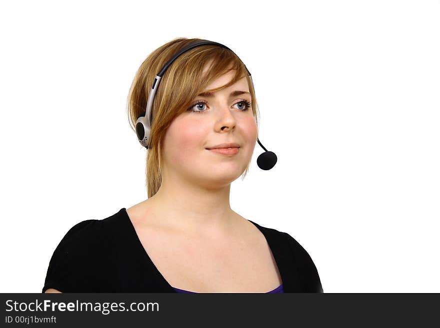 Portrait of beautiful smiling telephone operator with headset. Portrait of beautiful smiling telephone operator with headset