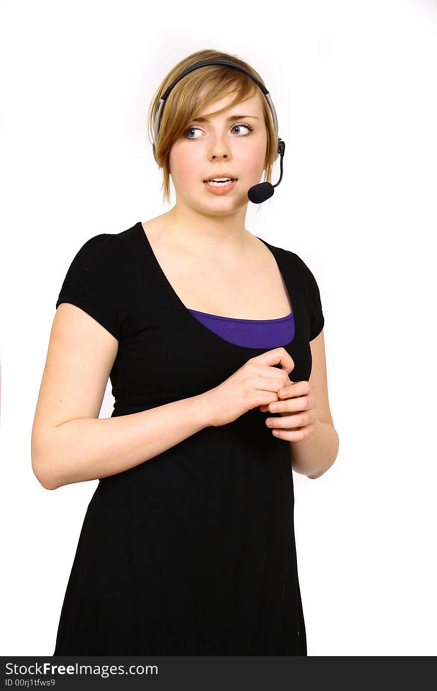 Portrait of beautiful smiling telephone operator with headset. Portrait of beautiful smiling telephone operator with headset