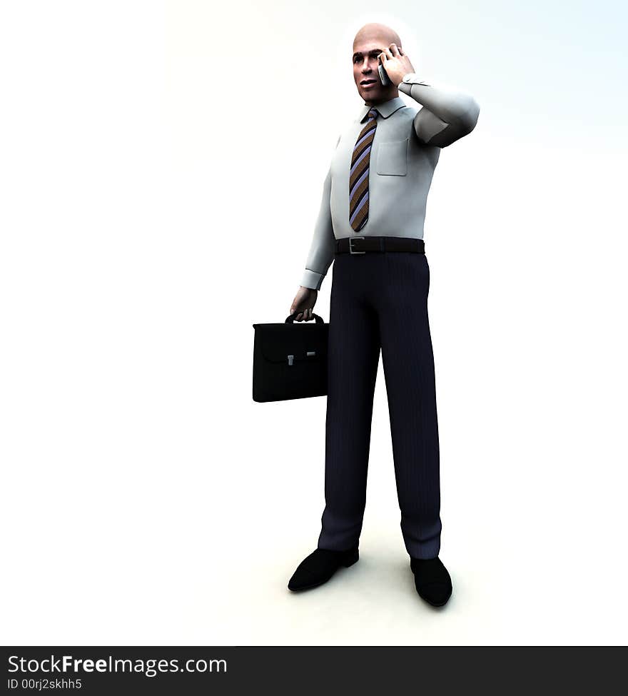 An conceptual image of a business man standing holding a briefcase and phone. An conceptual image of a business man standing holding a briefcase and phone