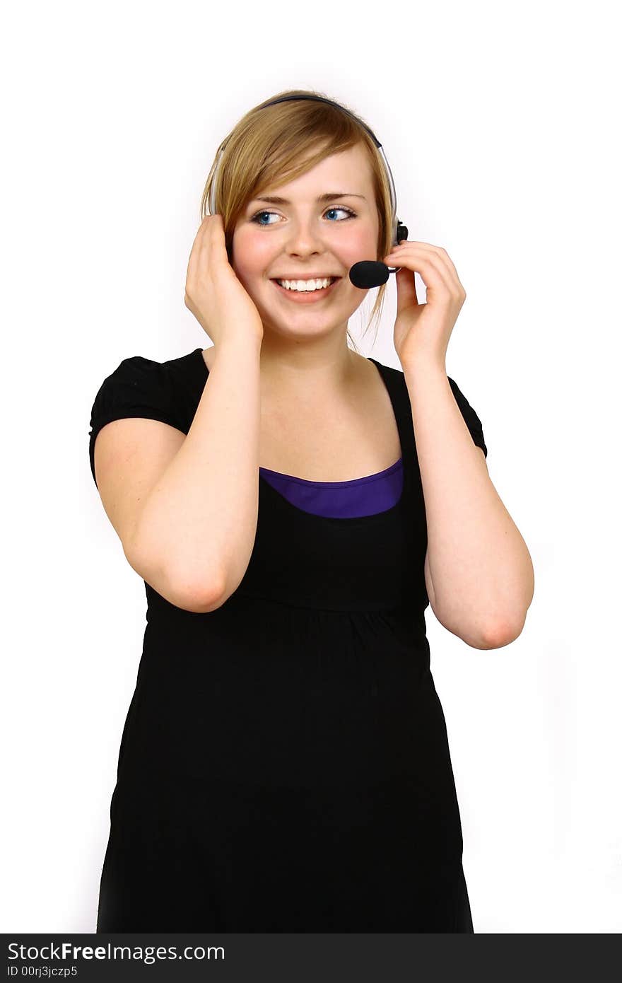 Portrait of beautiful smiling telephone operator with headset. Portrait of beautiful smiling telephone operator with headset