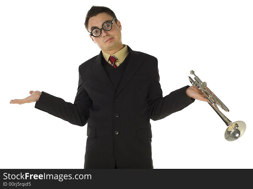 Helpless trumpeter standing with spread arms looking at camera. Front view. White background. Helpless trumpeter standing with spread arms looking at camera. Front view. White background.