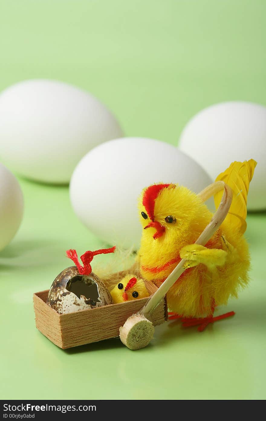 Easter motive.Hen and her chick,white eggs on green background.