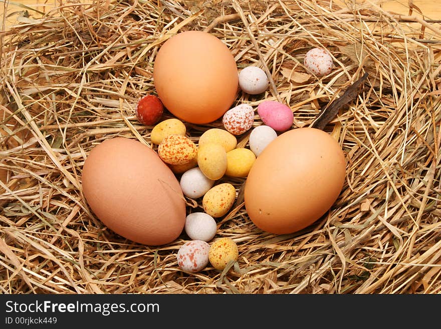 Hens eggs and chocolate Easter eggs  on straw. Hens eggs and chocolate Easter eggs  on straw