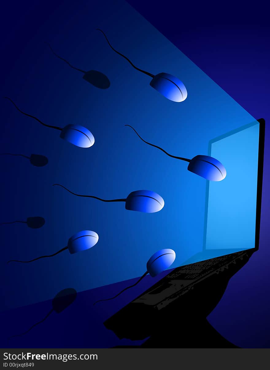 An illustration featuring a variety of computer mice as sperm swimming towards the screen of a laptop. An illustration featuring a variety of computer mice as sperm swimming towards the screen of a laptop