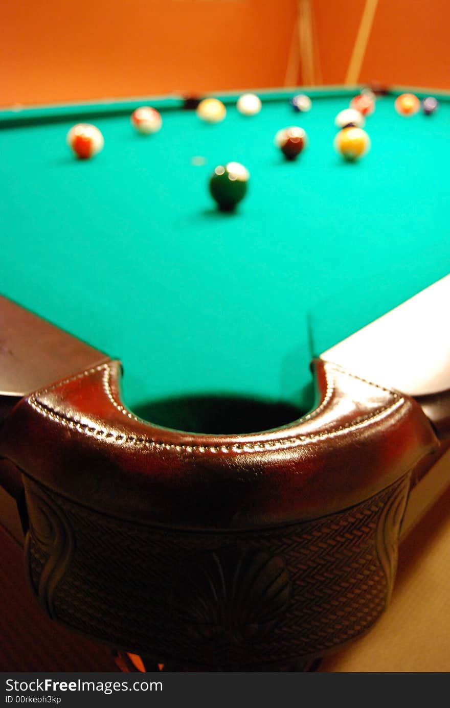 View of a billiard table from corner pocket