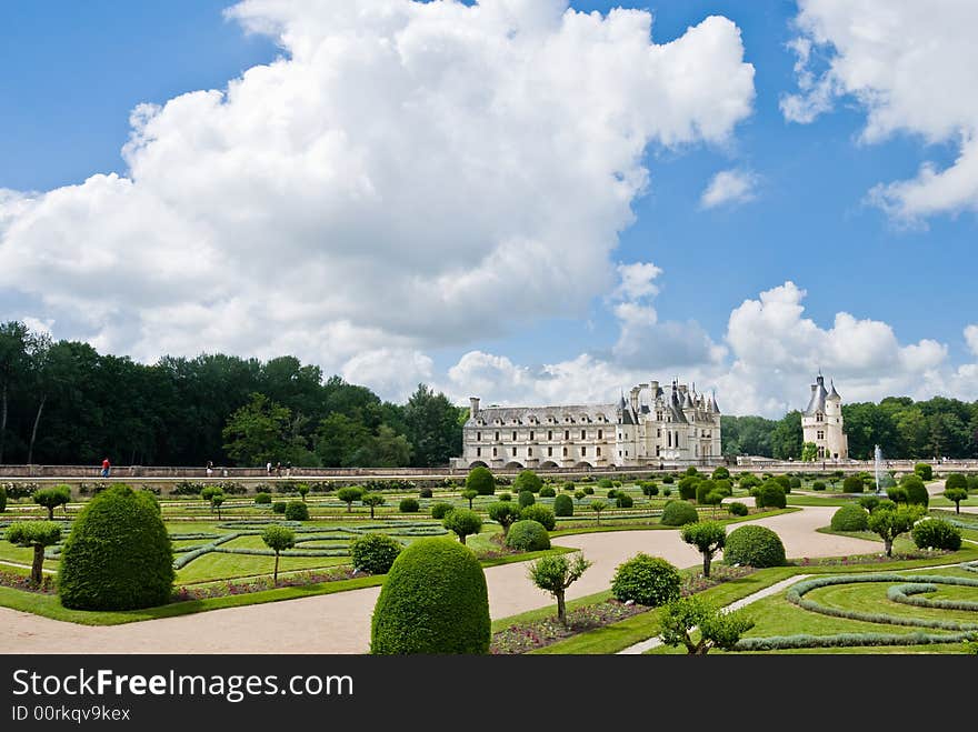 Famous castle Chenonceau, view from the garden. Loire Valley, France. Famous castle Chenonceau, view from the garden. Loire Valley, France.