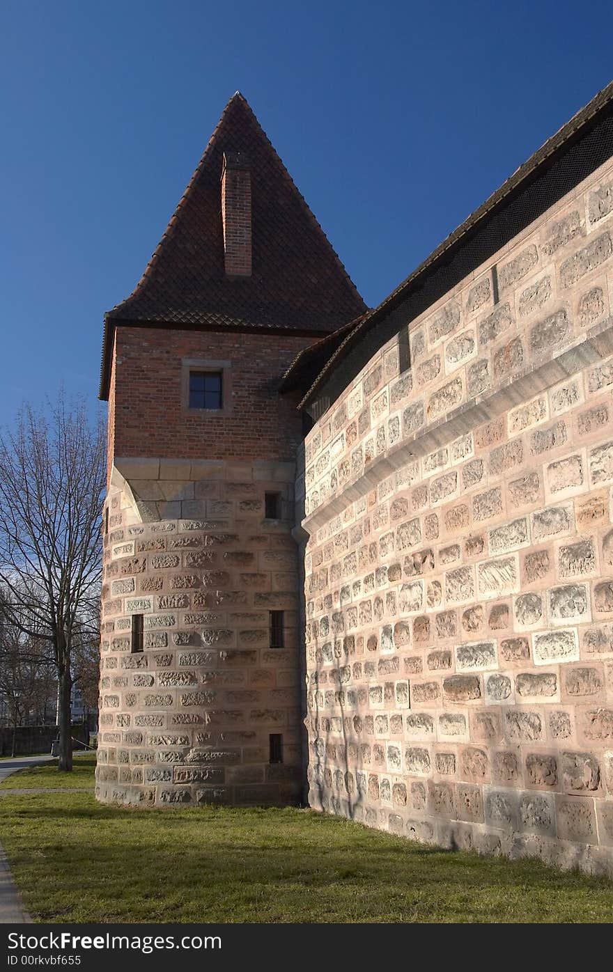 Old city wall of Nuremberg, Germany, with tower. Old city wall of Nuremberg, Germany, with tower