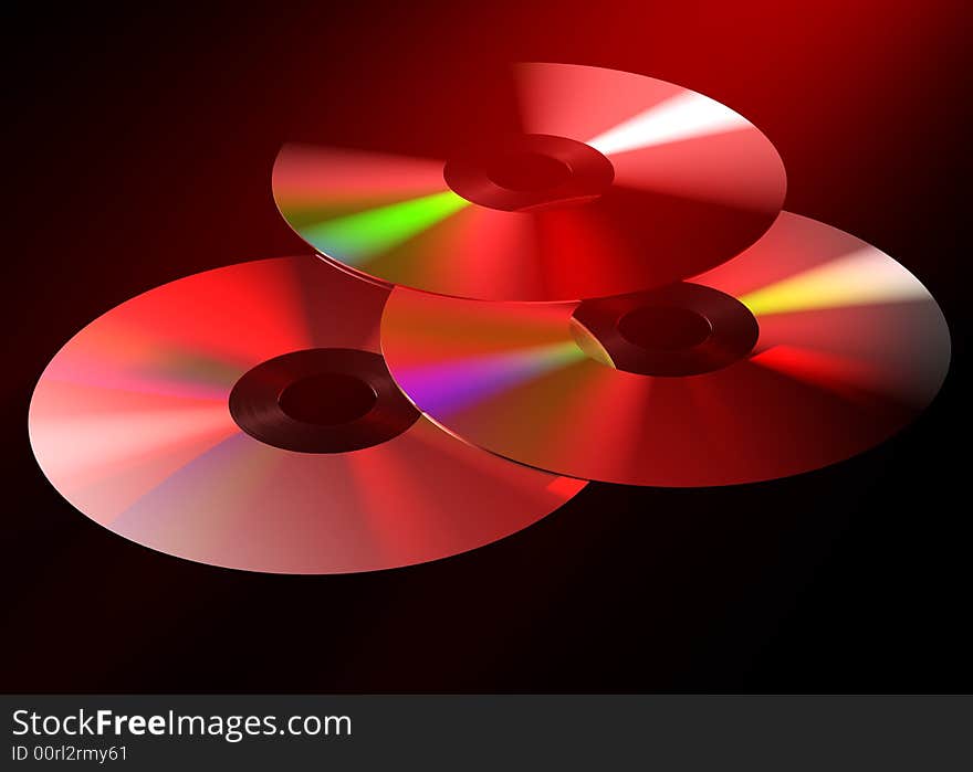 A 3d image of Three red digital discs. A 3d image of Three red digital discs