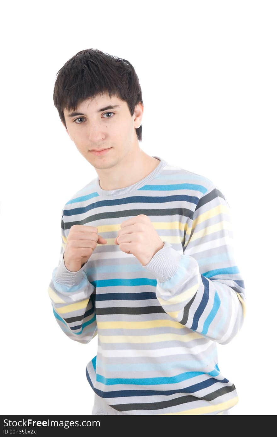 The young guy boxs on a white background (isolated). The young guy boxs on a white background (isolated)