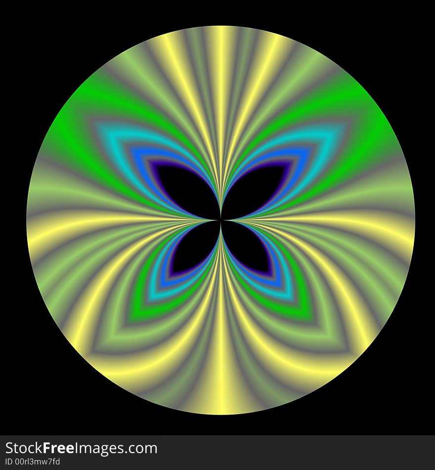 A circular fractal done in shades of yellow, green, and blue with a center that looks like an abstract of a butterfly. A circular fractal done in shades of yellow, green, and blue with a center that looks like an abstract of a butterfly.