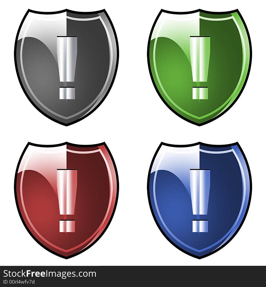 Colored shields with exclamation marks.