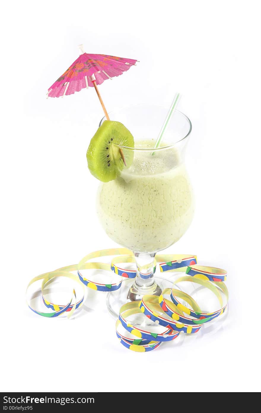 Kiwi cocktail with pink paper umbrella