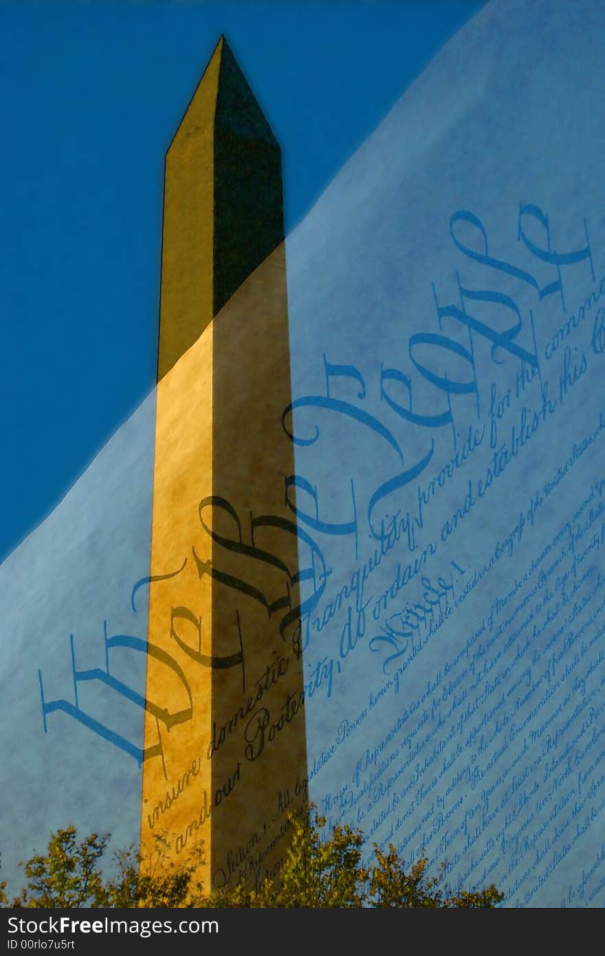 Washington Monument superimposed over United States Constitution. Washington Monument superimposed over United States Constitution