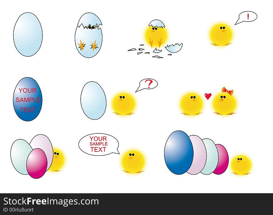 Set of easter icons with newborn chickens